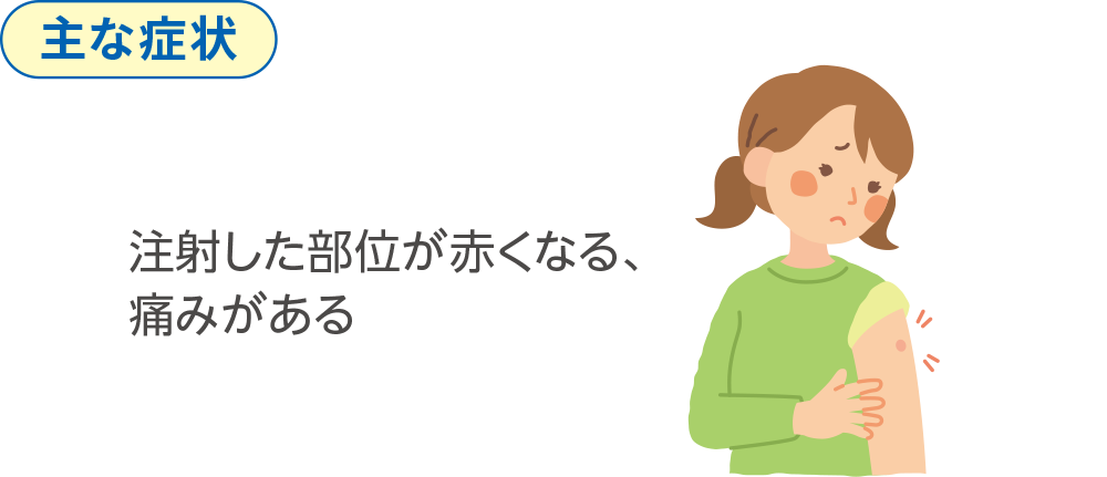 主な症状 注射した部位が赤くなる、痛みがある